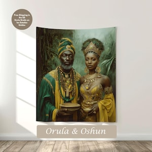 Oshun & Orula Tapestry | Yoruba Orisha Throne Panel | Yoruba Religion Wall Art | Panel de Trono Oshún y Orula | Santería Espiritual Decor