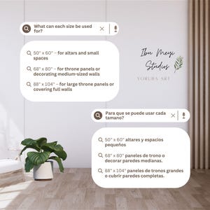 Puede incluir: Imagen de una pared blanca con texto en ingl&eacute;s y espa&ntilde;ol, detallando tama&ntilde;os para altares, paneles de trono y paredes. Una planta en maceta y una silla son visibles. El texto incluye la marca "Ibu Meyi Studios" y "Yoruba Art".