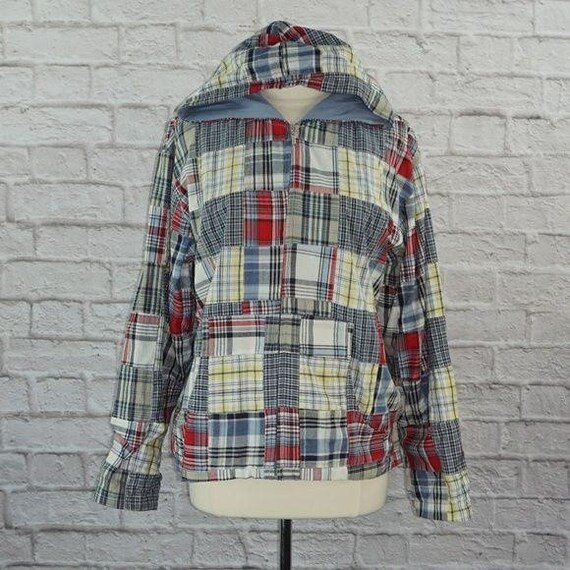 Vintage Plaid Patchwork Quilted Zip Hoodie Large