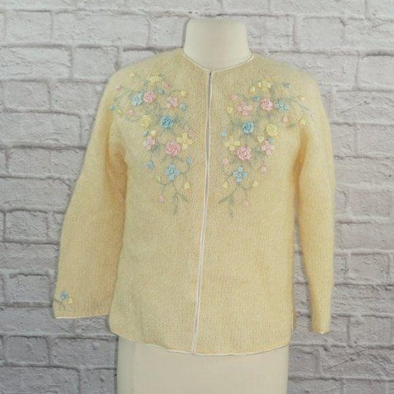 Vintage 60s Mohair Wool Floral Cardigan Sweater - Etsy