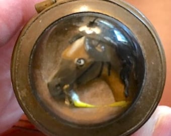RARE Antique Hinged Horse Head TRINKET BOX, brass and cut glass, 3D enameled metal under glass dome, mid-1800s