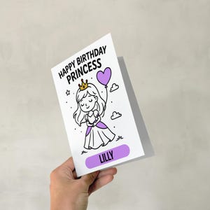 Cartão de aniversário de princesa personalizado | Nome personalizado | Para filha, neta, irmã, sobrinha etc.