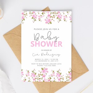 Pink Floral Baby Shower Invitation | Girl Baby Shower Canva Template | Editable Printable Invite | Instant Download