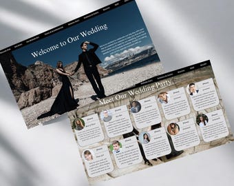 May include: Two website mockups with wedding theme. One displays "Welcome to Our Wedding" with a couple in formal attire. The other says "Meet Our Wedding Party" with photos and names. The background is a light gray.