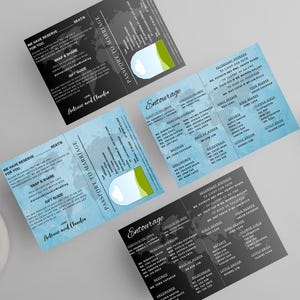 May include: Several passport-style wedding invitations with blue and black designs are displayed. The invitations have a world map background and include text such as "Passport to Marriage" and "Entourage". A black circle with "10+ PAGES" is in the image.