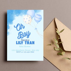 oh invitation de fête de naissance | Modèle de toile ballon bleu | Invitation de baby shower modifiable pour garçons | Téléchargement instantané