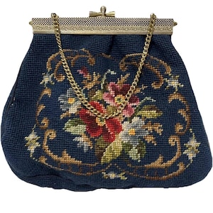 Vintage Petit Point Bag Floral Tapestry Purse Needlepoint Carpet Bag French Style Frame Handbag 10x9 Cottagecore Gift
