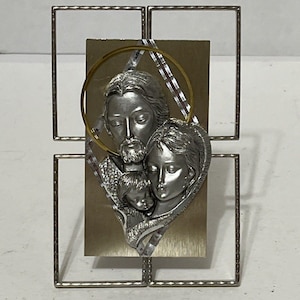 Vintage Holy Family Icon Italy Pewter Aluminum on Wood 5x3” Religious Decor Gift Catholic Christian Art Wall Plaque