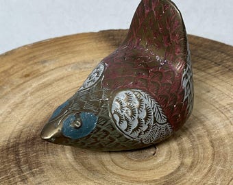 Vintage Colorful Painted Brass Bird Paperweight Figurine Red White Blue