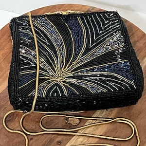 Vintage Walborg Beaded Purse | Black Gold Carnival Glass Beads | Ornate Clasp Evening Bag | Art Deco Cocktail Clutch | 5.5&quot; x 6&quot;