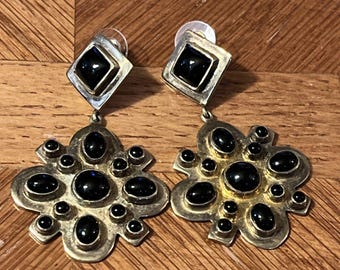 Etruscan Revival Dangle Earrings: Brass & Black Onyx Art Deco Style