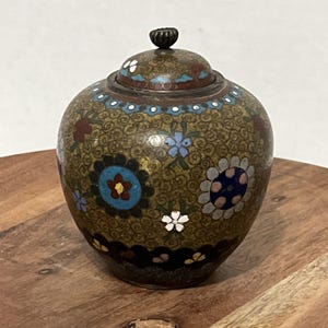 Antique Japanese Cloisonné Lidded Jar | Floral Enamel Multicolor | 3.5 x 2.75 Small Covered Vase | Asian Decorative Art