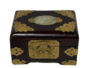 Antique Chinese Wood Jewelry Box: Brass & Jade Inlay Trinket Box