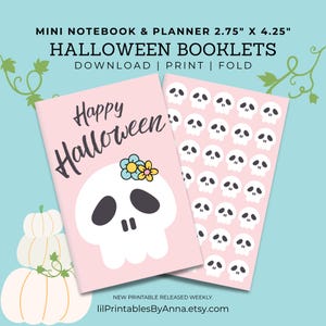 Puede incluir: Dos mini cuadernos rosas con temas de Halloween. Uno presenta una calavera con una corona floral y las palabras "Happy Halloween". El otro tiene un patrón de calaveras blancas. Los cuadernos miden 7 x 10,8 cm.