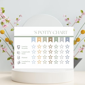 Puede incluir: Un gráfico de entrenamiento para ir al baño con el texto "'S POTTY CHART" e iconos para las tareas de entrenamiento. El gráfico tiene forma de estrellas para rastrear el progreso y está decorado con detalles florales.