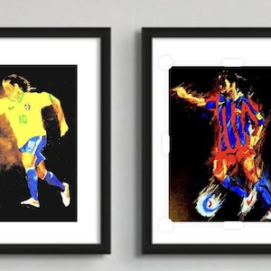 May include: Two framed art prints featuring soccer players in action. One print shows a player in a yellow jersey with the number 10, kicking a soccer ball. The other print depicts a player in a red and blue striped jersey.