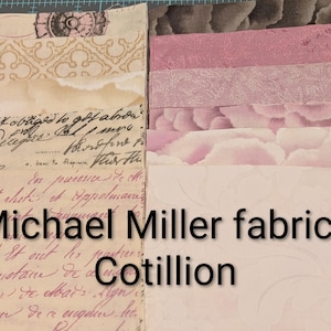May include: Assortment of Michael Miller fabric swatches in various patterns and shades of pink, cream, and beige. The fabric includes floral, script, and patterned designs. The text "Michael Miller fabric - Cotillion" is visible.