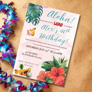 Luau Hawaiian Birthday Party Invitation Digital Template, Tiki Party, Editable Invite, Tropical Canva Invitation, Instant Download