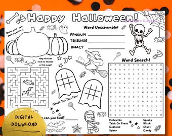 Halloween Activity Coloring Page, Printable, Activities for Kids, Halloween Party Favor, Digital Download