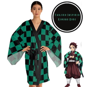 Tanjiro Inspired Long Sleeve Kimono Robe, Black and Green Checkered, Anime Kimono Robe, Japanese Robe, Unisex Robe, Halloween Cosplay