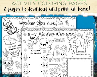 Under The Sea Activity Coloring Pages for Kids, Ocean Animal Coloring, Digital Download, Printable, Instant Download