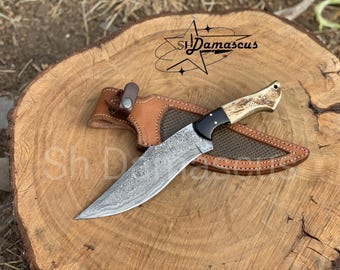 Handmade Damascus Steel Hunting Bowie Knife | Camping Knife | Stag Horn & Buffalo Horn Handle with Leather Sheath | Gift for Him