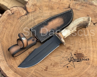 Custom Handmade Carbon Steel Hunting\Bowie Knife,Black Powder Coated,Stag Horn Handle With Leather Sheath