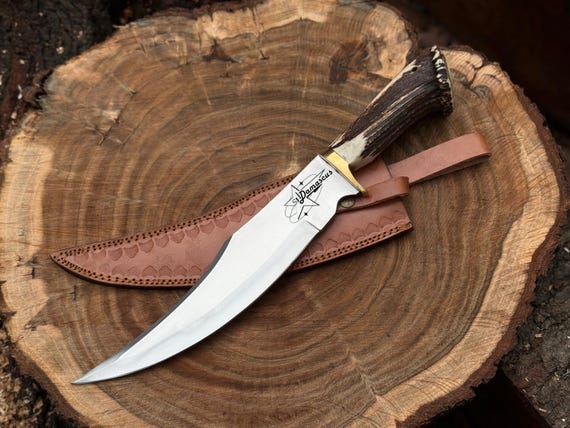 Handmade Bowie Knife – D2 Steel with Stag Handle & Leather Sheath | Gift for Husband |