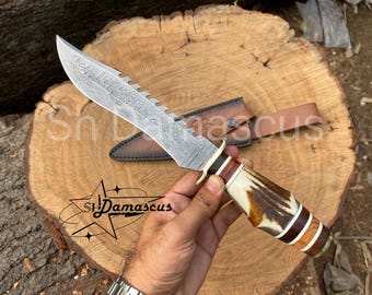 13" Handmade Damascus Steel Bowie Knife | Stag Horn, Olive Wood & Rosewood Handle | Camping Knife with Leather Sheath