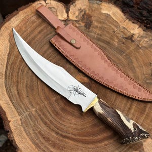 Handmade Bowie Knife – D2 Steel with Stag Handle & Leather Sheath | Gift for Husband | Christmas Gift