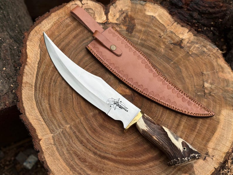 Handmade Bowie Knife – D2 Steel with Stag Handle & Leather Sheath | Gift for Husband | Christmas Gift