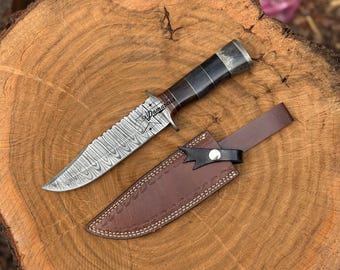 Handmade Damascus Steel Hunting Knife Camel Bone & Rose Wood Handle | Leather Sheath | Gift for Him | Outdoor knife