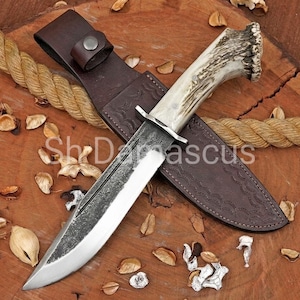 Handmade 15" Carbon Steel Bowie Knife with Genuine Stag Antler Handle | Hand-Forged Hunting Knife with Leather Sheath | Gift for Him