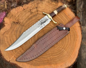 Custom Handmade D2 Steel Bowie Knife | Camping Knife with Stag Horn & Rosewood Handle | Leather Sheath, Gift for Him