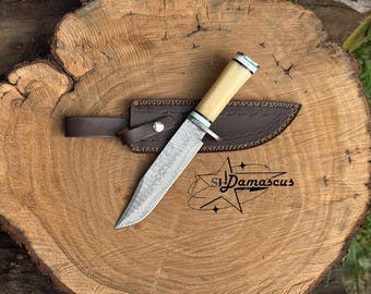 Handmade Damascus Steel with Hunting Bowie Knife | Camping Knife | Camel Bone & Resin Handle Leather Sheath, Anniversary Gift