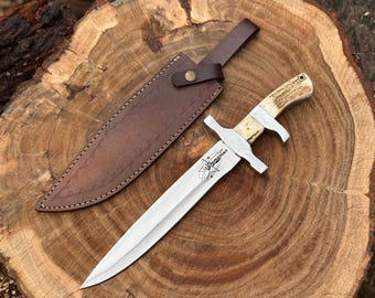 Cuchillo Bowie de acero D2 de espiga completa, hecho a mano y personalizado | Cuchillo de camping | Mango de asta de ciervo con funda de cuero, regalo para él