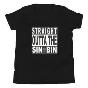 May include: Black t-shirt with the text "STRAIGHT OUTTA THE SIN BIN" in a white, bold, block letter design. The shirt is a youth size and has short sleeves.