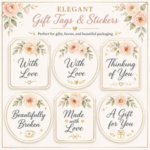 May include: Elegant gift tags and stickers with floral designs. The tags feature phrases like "With Love" and "Thinking of You" in elegant script. The tags are in various shapes, including circles and octagons, with gold borders.