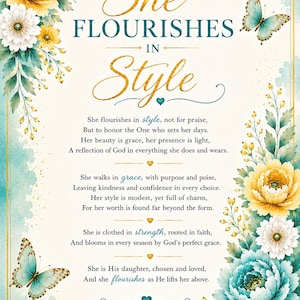 Könnte beinhalten: Dekoratives Poster mit dem goldenen Schriftzug „She Flourishes in Style“. Es zeigt Blumen- und Schmetterlingsillustrationen in Gelb, Türkis und Weiß, mit dem Text „Women's Conference“ oben.