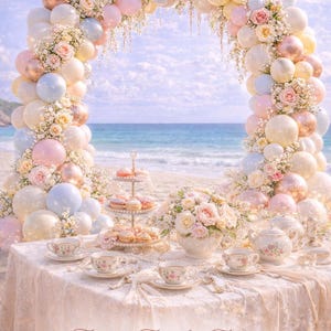 May include: A beach scene with a table set for tea under a balloon arch. The arch is made of pastel-colored balloons and flowers. The table is set with floral teacups, a tiered dessert stand, and a lace tablecloth. The text "Eason's Everyday Elegance" is visible.