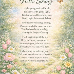 Puede incluir: Ilustración en acuarela con el texto "Hello Spring" y un poema sobre la primavera. La imagen presenta mariposas, flores y una paleta de colores pastel.