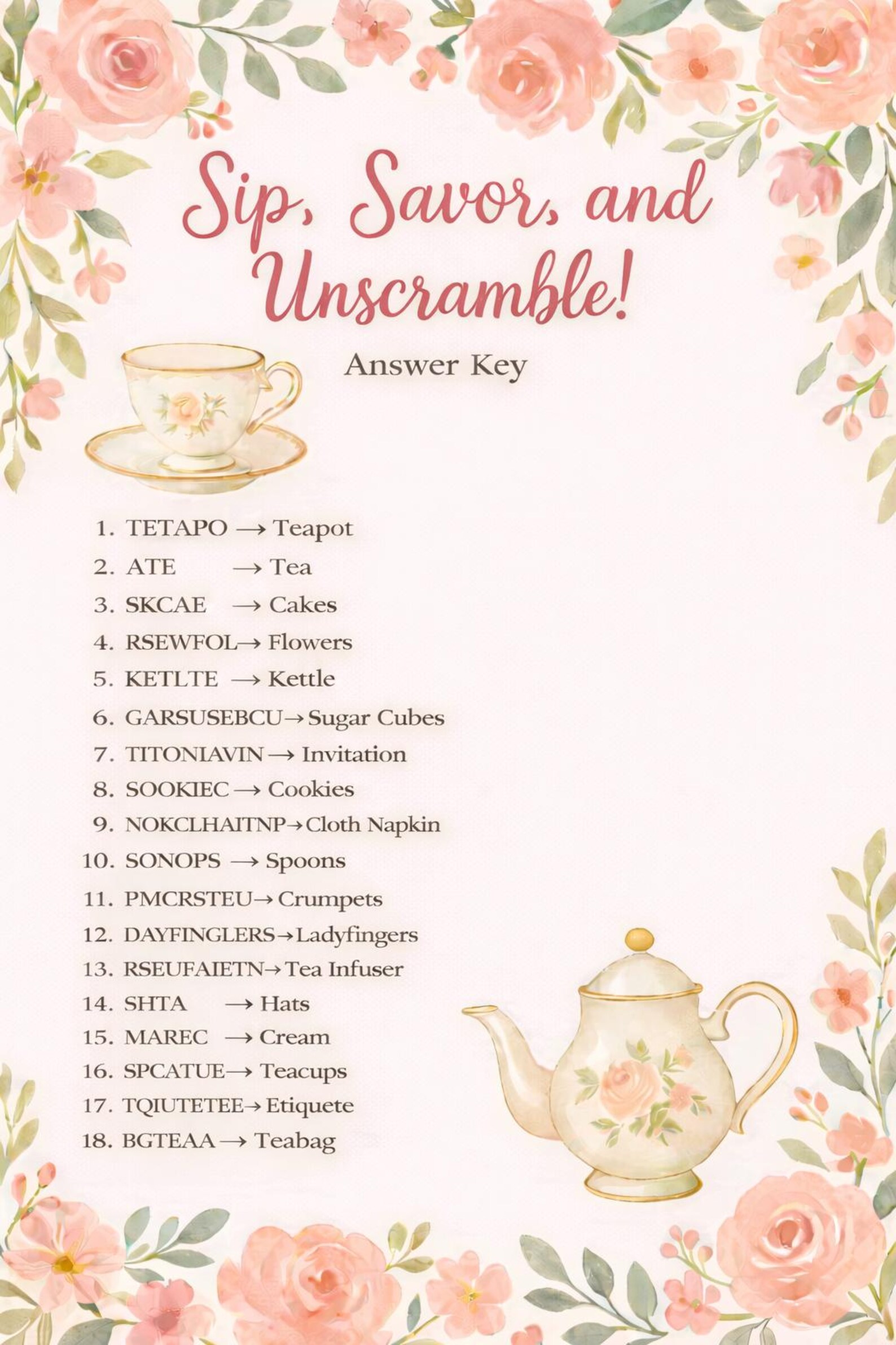 Tea Part Word Tea Party Word Scramble - Etsy