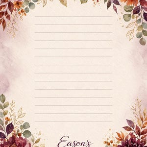 May include: A lined stationery sheet featuring a cream-coloured background with a floral border of deep burgundy, purple, and orange flowers and green leaves. The text Eason's EVERYDAY ELEGANCE Bloom with Grace Flourish in Style is printed at the bottom.