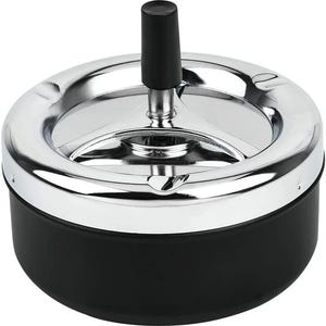 May include: A round spinning ashtray featuring a matte black base and a polished chrome top. The center includes a vertical black handle attached to a rotating mechanism designed to push ash into the lower compartment through three slots.