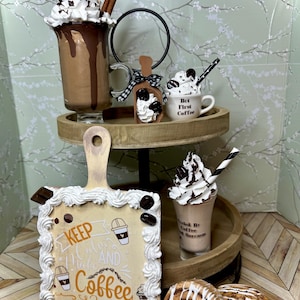 Coffee Bar Tiered Tray Decor: Faux Latte, Cinnamon Roll & Mini Mug
