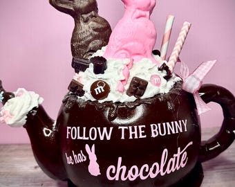 Faux Chocolate Bunny Teapot Decor | Fake Bake Easter Mug with Whipped Cream | Tiered Tray Spring Decor