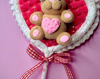 Faux Heart Shaped Cookie Lollipop with Clay Valentine Bear | Fake Candy Valentine Decor | Tiered Tray Mini | Valentine’s Day Decor