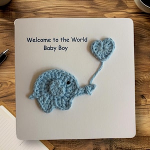 Hallo babykaart, handgemaakte gehaakte wenskaart olifant, nieuwe babykaart, babyshowerkaart, hallo kleintje