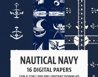 Nautical Navy - Digital Paper Pack - 16 Seamless Patterns - 12x12in 300dpi, PNG and JPEG