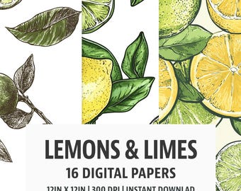 Lemons and Limes Digital Paper – 16 Seamless 12"x12" Citrus-Themed Backgrounds for Scrapbooking and Crafts